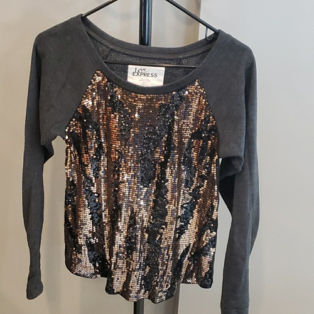 Sweater, Express, size XS, sequined. Gray/blk/gold